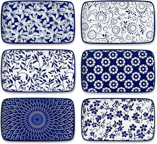 vancasso Selene 8.5 Inch Rectangular Salad Plates Set of 6, Ceramic Salad Plates for Sushi, Dessert, Appetizer, Porcelain Platters for Kitchen Decor, Microwave & Oven Safe, Vintage Blue & White Color-Ruum Studio Home