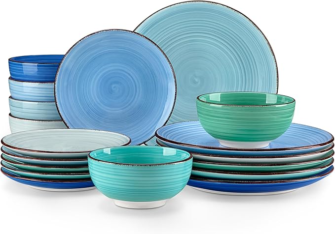 vancasso Bonita Dinnerware Set Blue Stoneware 18 Pieces Service for 4, Handpainted Spirals Pattern Stoneware Plates and Bowls Set-Ruum Studio Home
