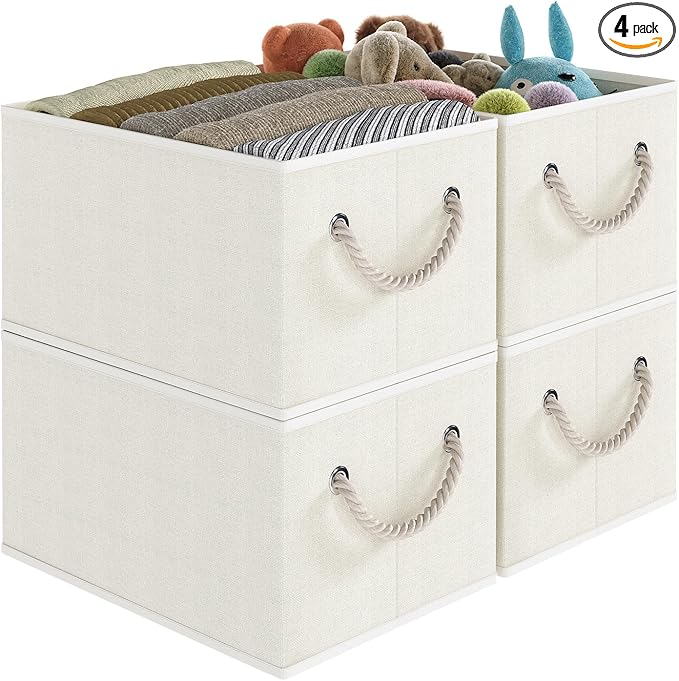 Closet Storage Bins, Linen Closet Organizers and Storage Basket for Shelves, Collapsible Shelf Baskets for Organizing Shelves, Bedroom Clothes Basket, Beige, 3 Pack-Ruum Studio Home