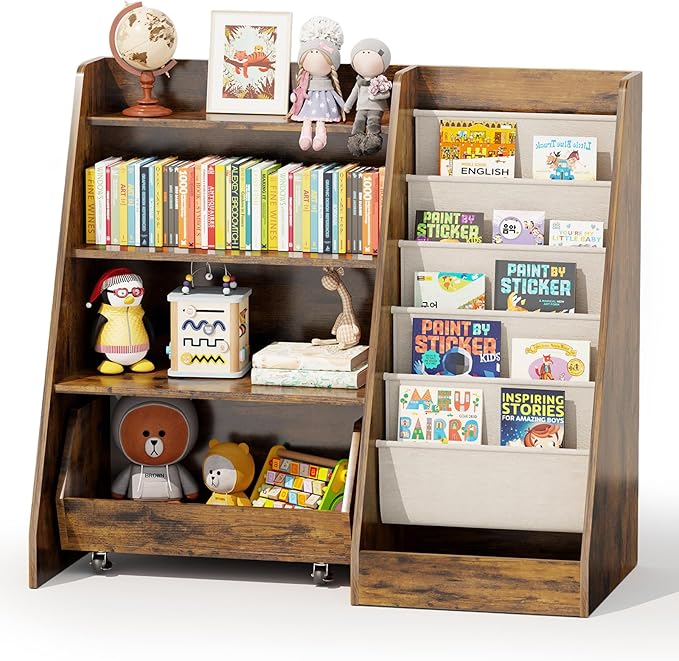 COZPAW Kids Bookshelf and Toy Storage, 4 Tier Toddler Bookshelf with Movable Drawer 5 Sling Pockets, Montessori Book Shelf for Kids Room, Playroom, Nursery (Brown)-Ruum Studio Home