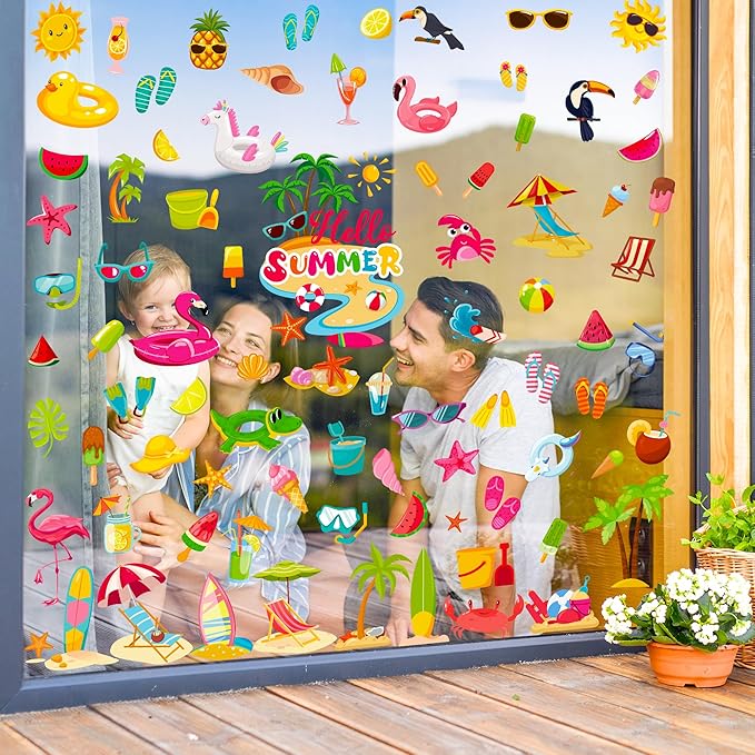 9 Sheets Summer Window Clings, Double Sided Summer Window Clings for Glass Windows, Hello Beach Decals, Sun Watermelon Pattern Stickers for Home Office Accessories Decorations-Ruum Studio Home