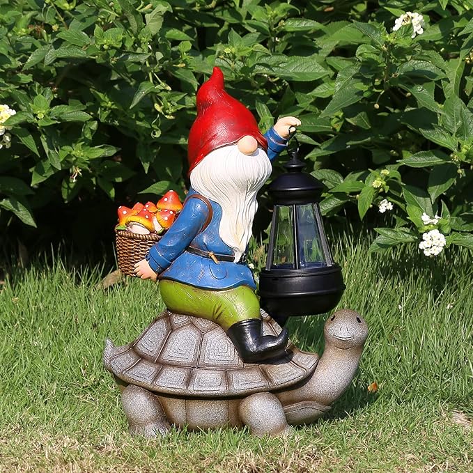 Gnome and Turtle Garden Decor, Large Outdoor Garden Sculptures & Statues, Outside Patio Yard Lawn Decorations, Housewarming for Women, Mom, Grandma with Solar Lantern-Ruum Studio Home