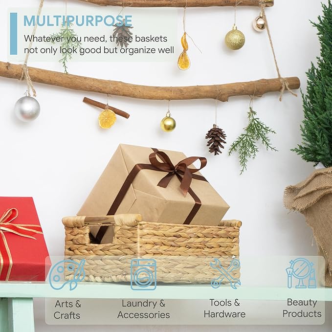 VATIMA Hyacinth Medium Wicker Basket 13.6x9.5x5.6" - With Handle, Living Room Decor, Rectangular Design-Ruum Studio Home