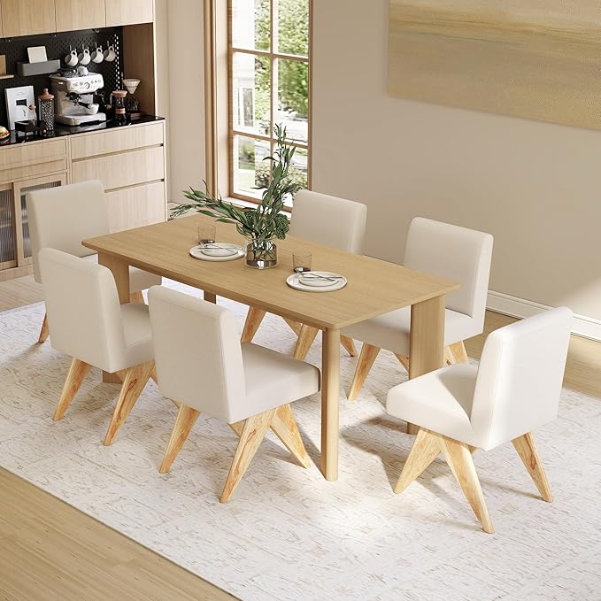 Mid Century Modern Farmhouse Dining Chairs Set of 6, Upholstered Armless Kitchen Chairs with Back and Wooden Legs, Linen Beige-Ruum Studio Home