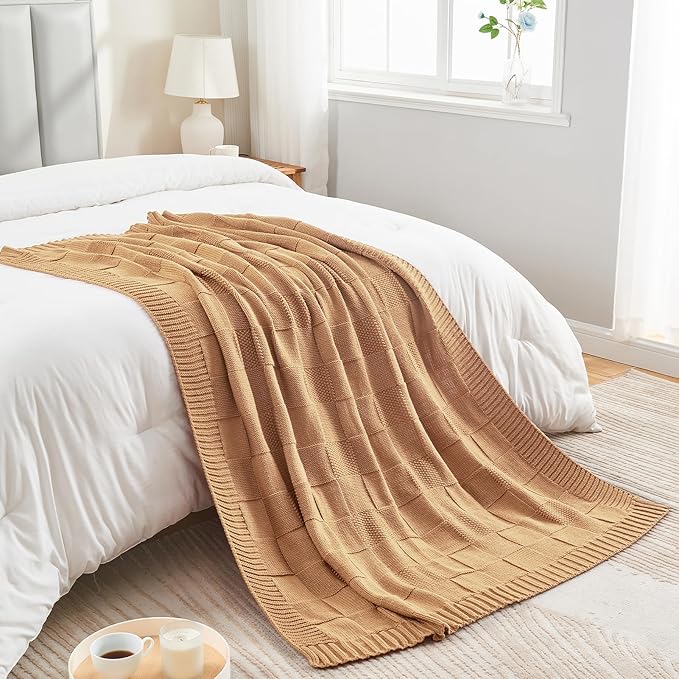 CozeCube Check Knit Throw Blanket, Beige Checkered Throw for Couch, Decorative Christmas Soft Cozy Warm Knitted Blanket for Bed Sofa Living Room, 60"X80"-Ruum Studio Home