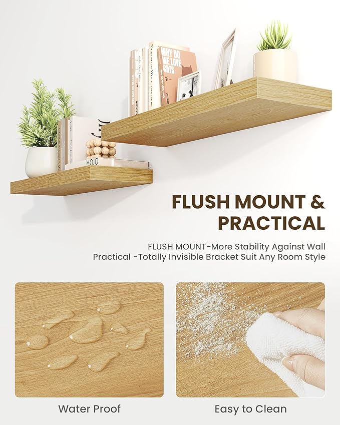 Marsmiles 30" Floating Shelves for Wall, Wooden Shelves with Invisible Brackets Set of 2, Rustic Farmhouse Wall Mounted Shelf for Kitchen Bathroom Living Room Study, Natural Oak-Ruum Studio Home