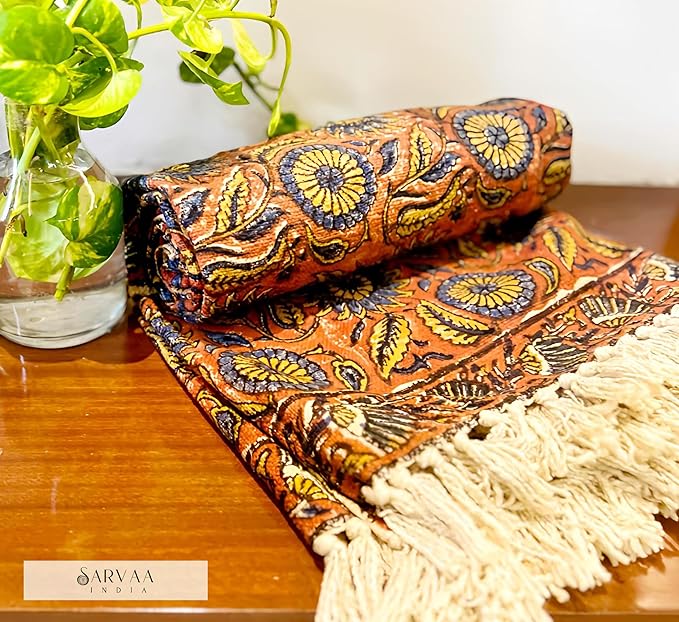 Handmade Cotton Throw Blanket | Floral Block Print in Orange & Navy | 48x70 Inches Fringed Bed Runner | Lightweight Boho Sofa Throw for Couch, Living Room & Bedroom Decor-Ruum Studio Home