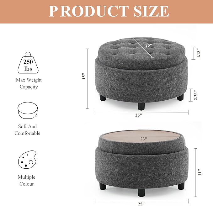COLAMY Fabric Round Storage Ottoman with Reversible Tray Lid – Multi-Functional Footrest, Hidden Storage, Sturdy & Stylish Small Coffee Table for Living Room, Bedroom, or Entryway(Dark Grey)-Ruum Studio Home
