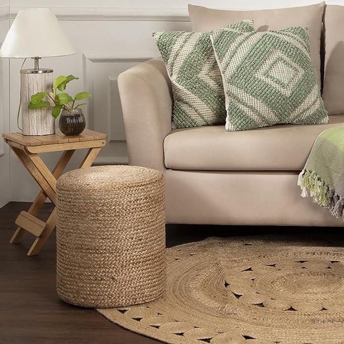 REDEARTH · Cylindrical Pouf Ottoman - Braided Pouffe Accent Sitting Round Footrest for Living Room, Bedroom, Nursery, kidsroom, Patio, Gym; 100% Jute (14.5"X14.5"X16"; Natural)-Ruum Studio Home