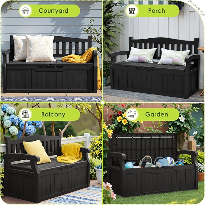 Greesum 80 Gallon Outdoor Storage Bench, Resin Patio Furniture with Armrest,Waterproof and UV-Resistant, Perfect to Garden, Poolside and Lawn, Dark Black-Ruum Studio Home