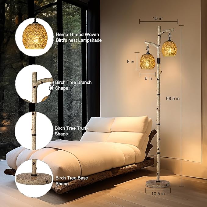 68.5" Rustic Farmhouse Remote Control Switch Birch Tree Floor lamp with Bird Nest Lantern Shade Vintage Standing Lamp for Living Room Bedroom Hotel Bar Office Wood House(Bulb Included)-Ruum Studio Home