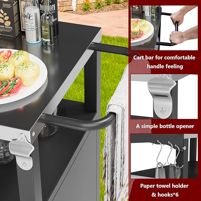 Vongrasig Grill Cart with Storage, Outdoor Bar Cart Rolling BBQ Cart Movable Pizza Oven Table Stand with Foldable Stainless Steel Top & Storage Cabinet, Black-Ruum Studio Home