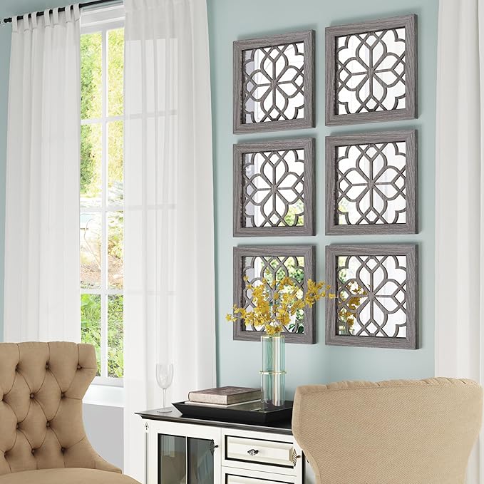 4pcs Farmhouse Wall Mirror with Carved Floral Design -Rustic Mirror Decor for Home, 12x12 inch(Brown)-Ruum Studio Home