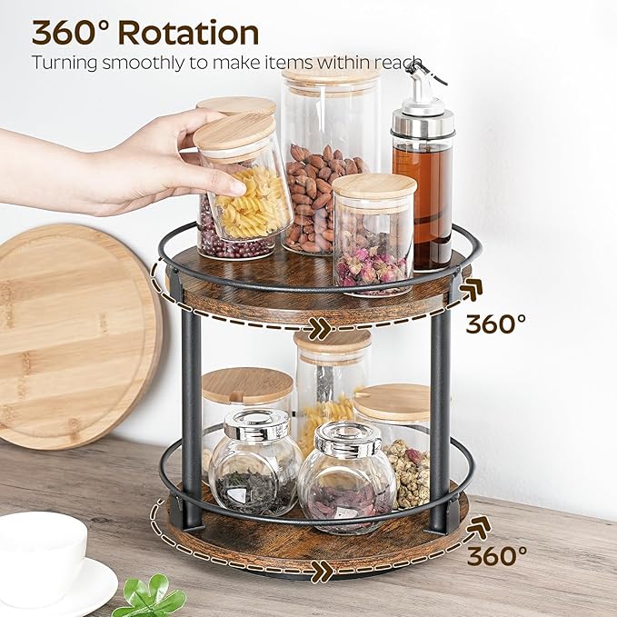 Spice Rack, Set of 2 Lazy Susan Organizer, 2-Tier Turntable Organizer, Rotating Spice Rack Organizer For Cabinet, Compact and Versatile, for Kitchen Countertop, Rustic Brown SR22L2BR-Ruum Studio Home