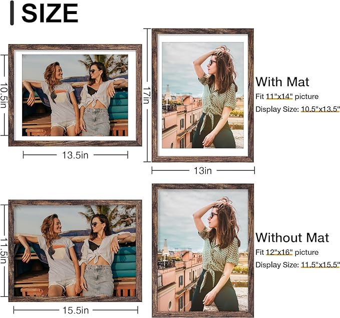 Vittanly 12x16 Picture Frames Set of 9, Shatter Resistant Plexiglass, Display 11x14 Pictures with Mat or 12x16 without Mat, Photo Frames for Wall Mount, Engineered Wood, Brown-Ruum Studio Home