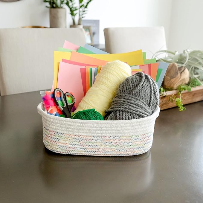 NaturalCozy 5-Piece Rectangle Storage Basket Set- Natural Cotton Rope Woven Baskets for Organizing! Small Basket for Montessori, Baby Nursery, Dog Toy Baskets, Cat Toy Box, Bathroom Organization Bin-Ruum Studio Home