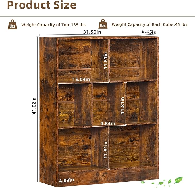 LEYAOYAO 7 Cube Bookshelf with Wood Base, Brown 3 Tier Mid-Century Modern Bookcase,Standing Wide Bookshelves Storage Organizer Shelf,Rustic Display Cabinet Book Shelves for Bedroom,Living Room,Office-Ruum Studio Home