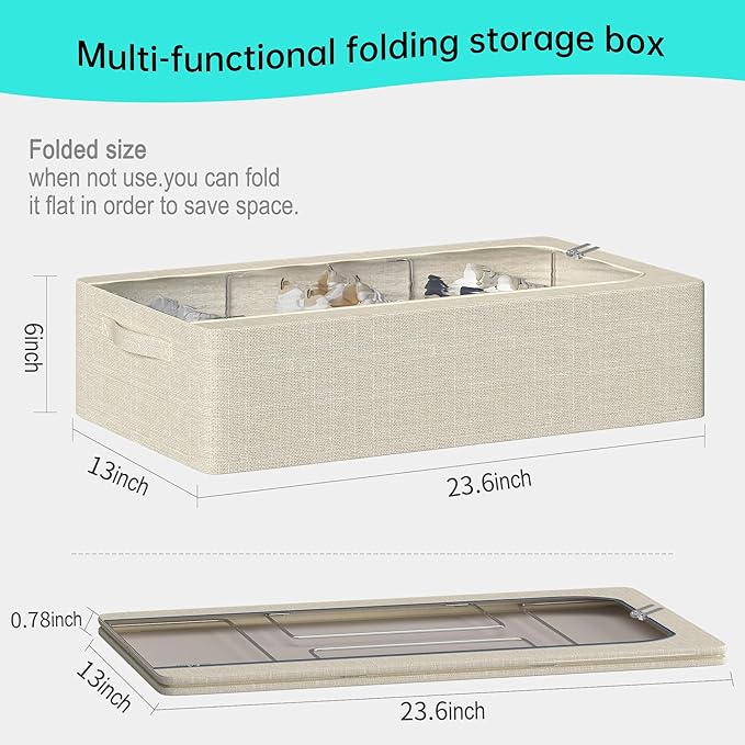 3PCS Under Bed Storage Bins with Metal Frame, Linen Fabric Frame Storage Box Clothes Organizer Bins, Underbed Container with Clear Window (Beige, 15.7 x 13 x 6IN)-Ruum Studio Home
