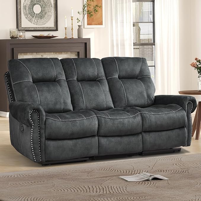 EBELLO Manual Recliner 3 Seat Sofa Couch, Soft Fabric 3 Seater Reclining Couch Chair, Vintage Rivet Mid-Century Design Furniture for Living Room, Meeting Room, Grey-Ruum Studio Home