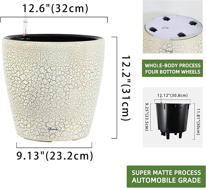 Dexceder 13x12 Self Watering Planter with Wheels Indoor Outdoor, Inner Pot Design, Thickened Large Floor Standing Flower Plant Pot with Water Level Indicator (White Gold Crackle)-Ruum Studio Home