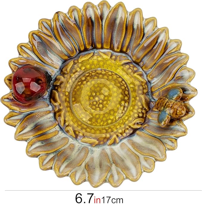 Sunflower Jewelry Dish Trinket Tray Ceramic Key Tray Bowl for Entryway Table, Sunflower Candy Dish Soap Holder Decorative Bowl for Home Decor Kitchen Sink Bathroom Counter (Bee, Ladybug)-Ruum Studio Home