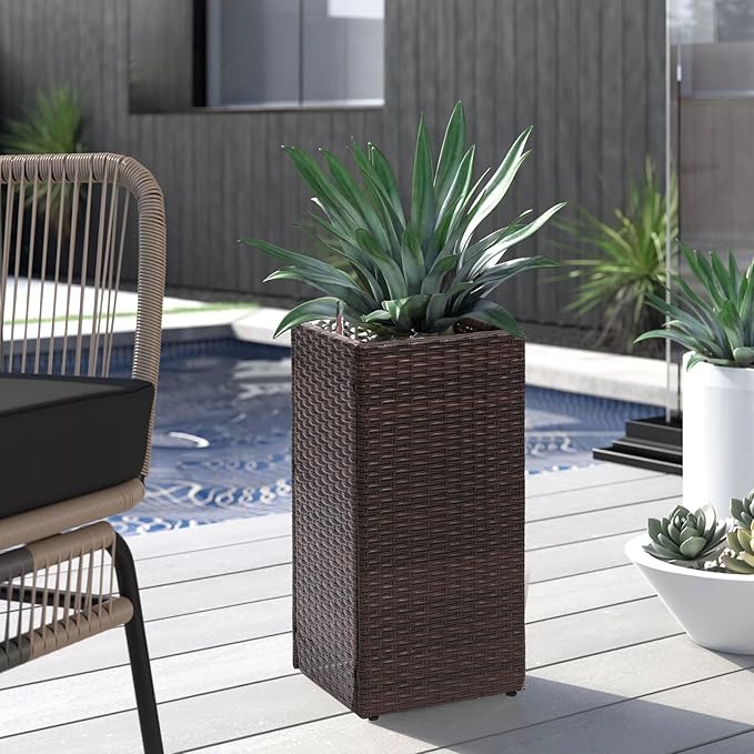 LEWIS&WAYNE Set of 2 Tall Planters for Outdoor Plants Handmade 24'' Wicker Tall Square Planter Box with Removable Liners Modern Planter for Indoor Outdoor Garden Patio Front Porch - Brown-Ruum Studio Home