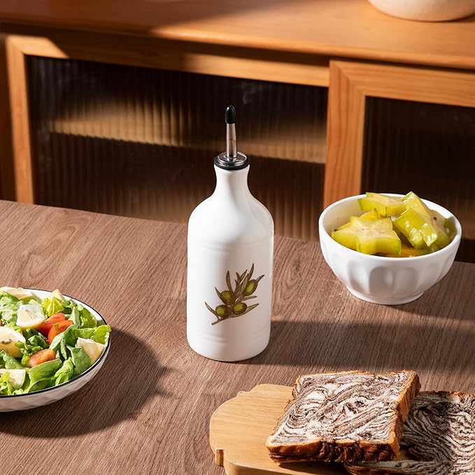 Sweejar Porcelain Olive Oil Dispenser Bottle, Opaque Oil Cruet Protects Oil to Reduce Oxidation, Suitable for Storage of Oil, Vinegar, Soy Sauce and Other Liquids, Pack of 1, 15.5 Oz (Olive Leaf)-Ruum Studio Home