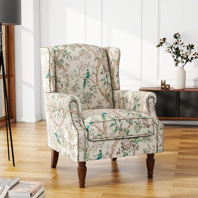 UIXE High Back Floral Accent Chair, Fabric Upholstered Armchair for Living Room, Retro Wingback Arm Chair with Solid Wood Legs, Nailhead Trim Single Sofa Bedroom Reading Seat - Bird Pattern-Ruum Studio Home