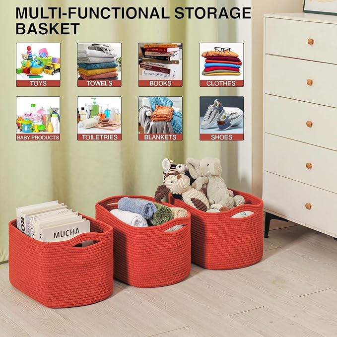 Storage Baskets for Organizing, Storage Basket for Shelves, Toy Towel Basket for Bathroom Nursery, Woven Cotton Rope Baskets for Decor, 15"x11"x9.5", 3 Packs, Brick Red-Ruum Studio Home