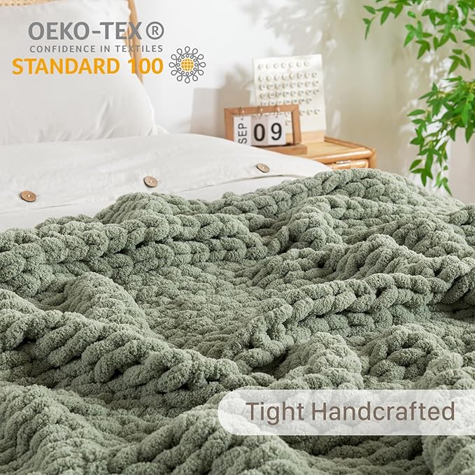 Chunky Knit Blanket Throw, 100% Hand Knit Throw Blanket Handmade Chenille Cable Knit Throw for Couch, Stylish Cozy Soft Rope Knot Crochet Blanket for Home Decor, Sage Green, 50x60 Inches-Ruum Studio Home