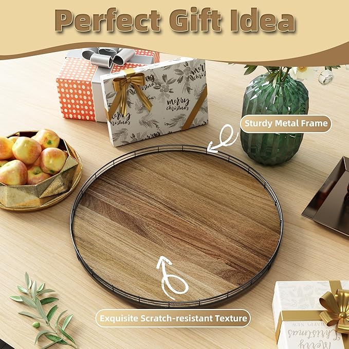 Acacia Wood 12" Lazy Susan Turntable Organizer for Table Top, Farmhouse Round Wooden Lazy Susan for Cabinet Kitchen Centerpieces Coffee Table, for Condiments Spices, Bathroom Vanity Tray Decor-Ruum Studio Home