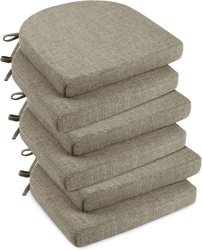 downluxe Indoor Chair Cushions for Dining Chairs, Soft and Comfortable Textured Foam Kitchen Chair Pads with Ties and Non-Slip Backing, 16" x 16" x 2", Khaki, 6 Pack-Ruum Studio Home