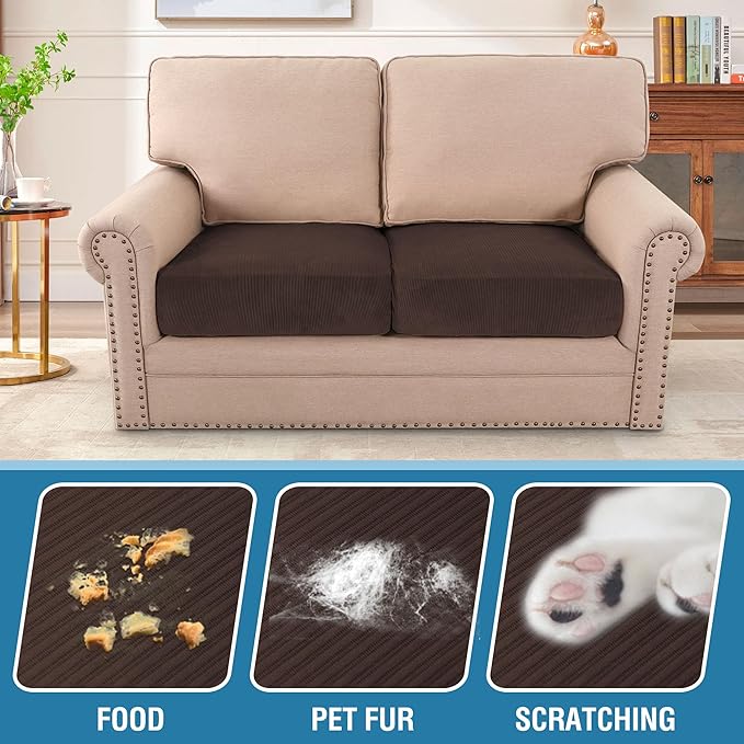 H.VERSAILTEX Velvet Stretch Couch Cushion Cover Plush Cushion Slipcover for Chair Loveseat Sofa Cushion Furniture Protector Seat Cushion Sofa Cover (2 Piece Medium Sofa Cushion Covers, Brown Striped)-Ruum Studio Home