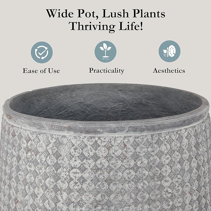 Worth Garden Large Round Planters Set of 2 (14.5"x17.5" & 12" x15“) - Lightweight Magnesium Oxide Cement Plant Pot with Texture - Grey Concrete Look with Drainage Hole – Indoor & Outdoor Use-Ruum Studio Home