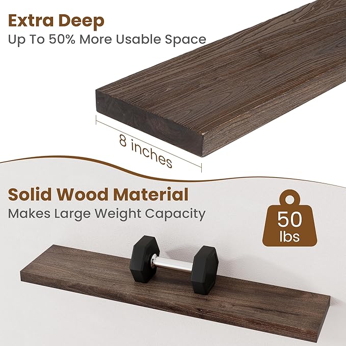 Floating Shelves for Wall Decor, 8 Inch Deep Rustic Solid Elm Wood Floating Shelves Wall Mounted, Wall Shelves with Invisible Bracket for Living Room Bathroom Bedroom Kitchen, 36 Inch Set of 2, Walnut-Ruum Studio Home