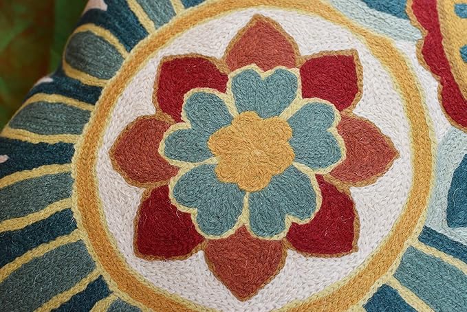 Daisy Floral Pillow Cover Teal Flower Pillowcase Flowery Outdoor Cushion Suzani Accent Pillowsham Flower Floral Chair Cushion Hand Embroidered Cushions Wool Size 18x18-Ruum Studio Home