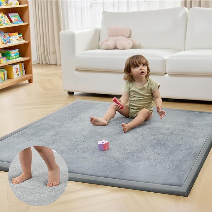 ACOMOPACK Baby Play Mat for Floor 1.3" Thick Memory Foam 50x50 Soft Velvet Playpen Mat for Kids,Infants,Toddlers,Tummy Time Crawling Mats with Non-Slip Bottom,Yoga,Tatami,Nursery Rug（Light Grey）-Ruum Studio Home