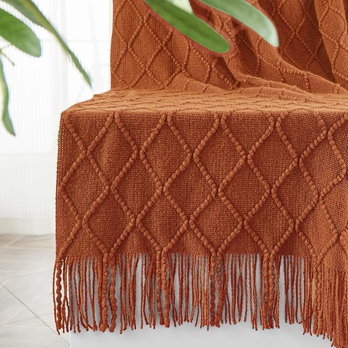 inhand Knitted Throw Blankets for Couch and Bed, Soft Cozy Knit Blanket with Tassel, Orange Rust Lightweight Decorative Blankets and Throws, Farmhouse Warm Woven Blanket for Men and Women, 60"x80"-Ruum Studio Home