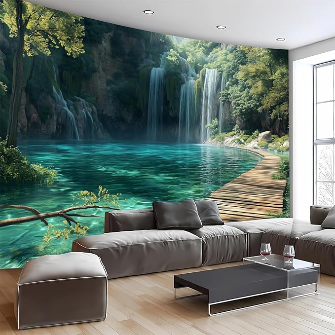 BSFHH Nature Tapestry Forest Tree Sea Cave Wall Hanging, Stream Through Rainforest Landscape Wall Art Tapestry for Bedroom Living room (Waterfall, 110" × 87", Unframed)-Ruum Studio Home
