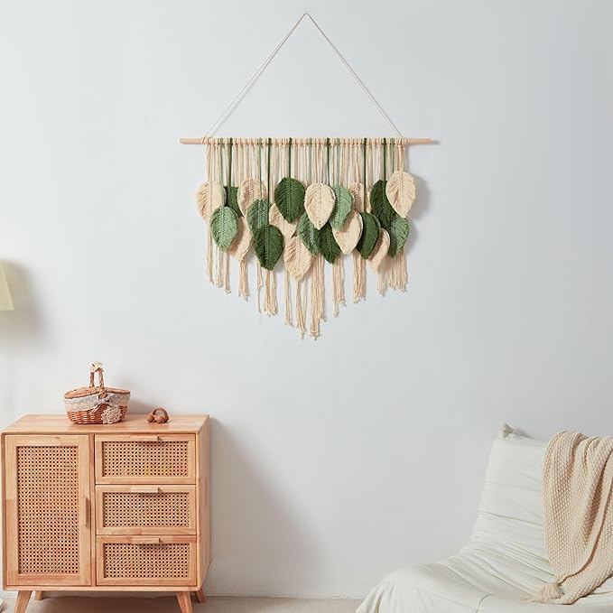 Macrame Wall Hanging Boho Wall Tapestry Handmade Woven Leaf Wall Decor Crochet Wall Art for Home Office Apartment (Green, 51.2" W x 34.3" L)-Ruum Studio Home