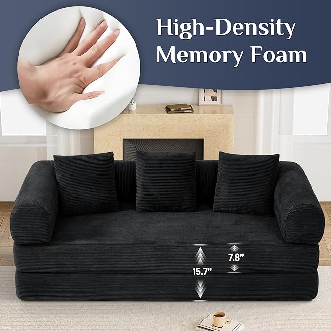 Convertible Sleeper Sofa Bed with Pillow, 4-in-1 Corduroy Folding Mattress Couch with Fixed-Shape Frame, Futon Fold Out Floor Sofa Cama Lounge Couch for Living Room Bedroom Studio, Black-Ruum Studio Home