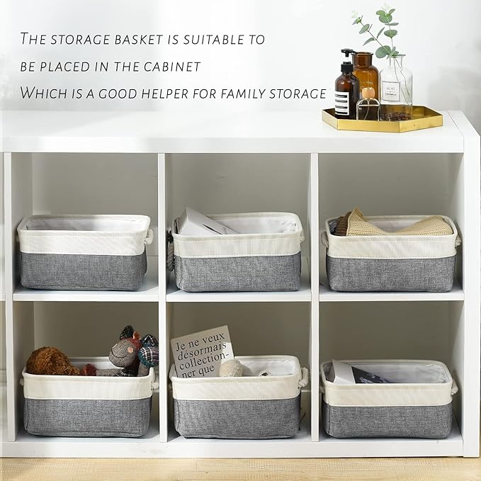 TcaFmac Small Storage Baskets for Shelf 6 Pack Canvas Storage Basket with Handles Fabric Storage Basket for Organizing Storage Bin (White and Grey, 12x8x5")-Ruum Studio Home