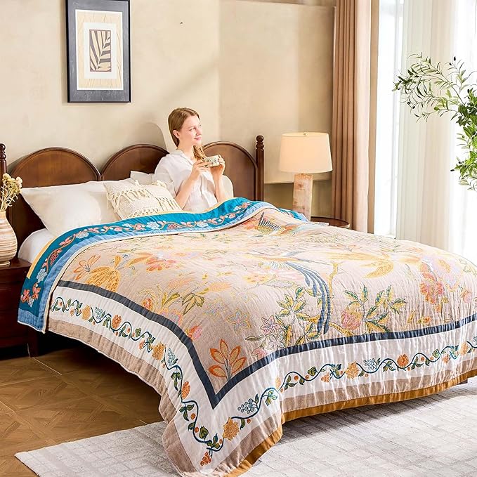Boho Blanket, 100% Cotton Farmhouse Decorative Throw Blanket, 90"x98" Reversible Bohemian Throw Blanket, Brown All Season Muslin Breathable Woven Blankets Quilt-Ruum Studio Home