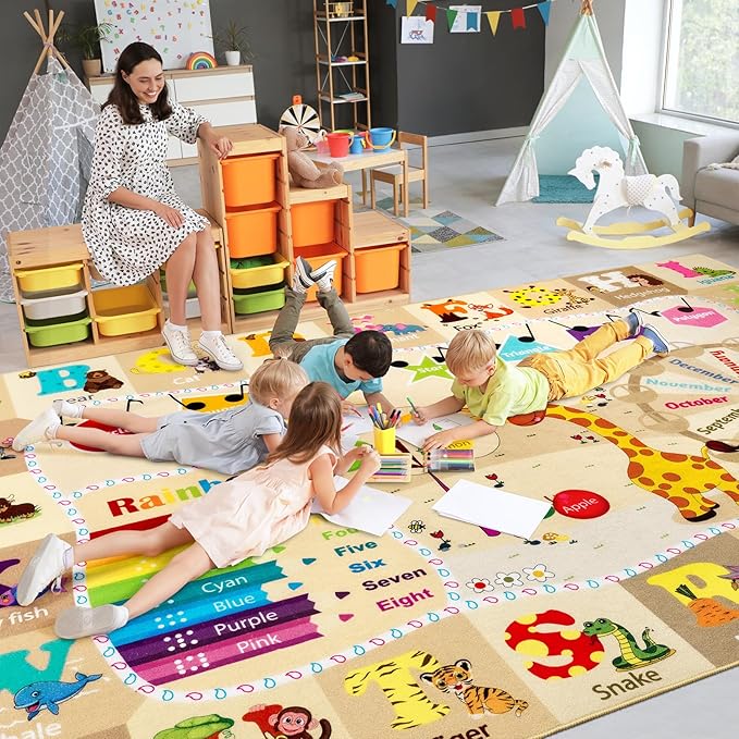 Kids Rugs for Playroom Washable, Educational and Fun Learning Rugs with ABC Alphabet Animals Shapes, Baby Toddler Children's Play Mat for Bedroom Classroom Nursery, 5x7 Feet, Beige and Pink-Ruum Studio Home