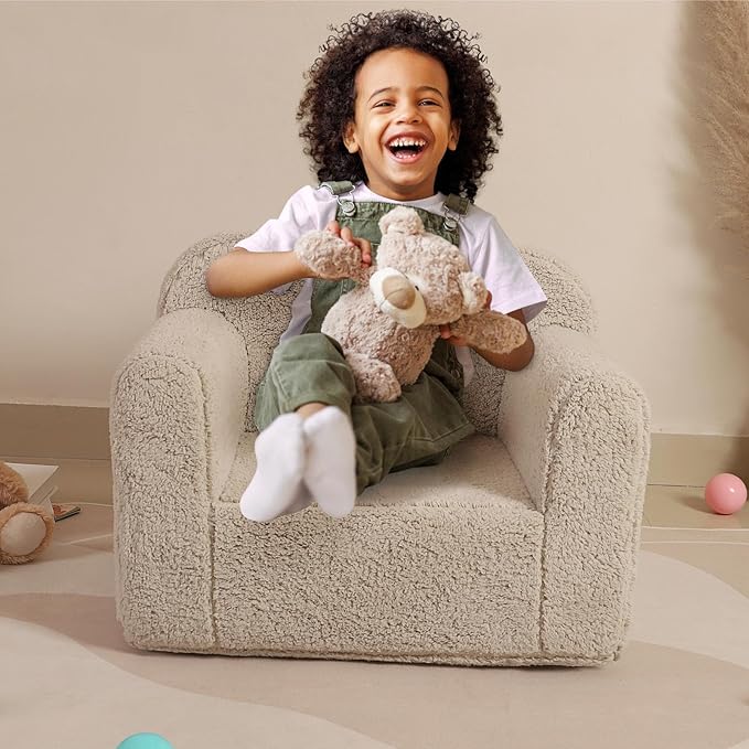Kids Snuggly-Soft Sherpa Chair, Cuddly Toddler Foam Chair for Boys and Girls, Light Grey-Ruum Studio Home