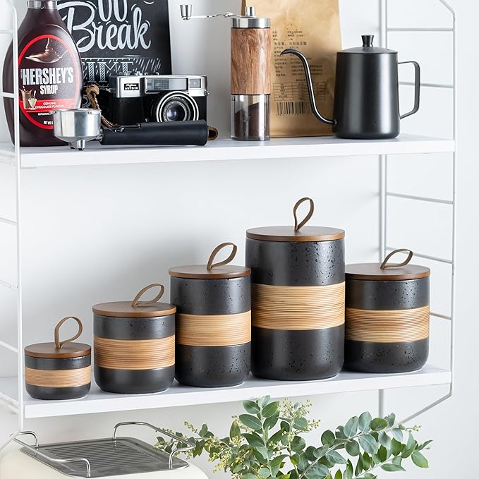 Ceramic Jar with Lid, Coffee Container Kitchen Food Storage Jars for Spice Sugar Tea Bag, Stackable Decorative Jars for Countertop, Black & 18oz-Ruum Studio Home
