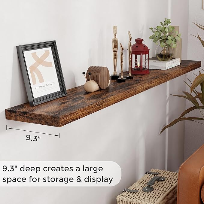 72 Inch Floating Shelves, 72 x 9 Rustic Wooden Fireplace Mantel, 9 Inch Floating Shelf for Wall, Farmhouse Wall Shelves for Home Storage & Display, Rustic Brown Color, Set of 1-Ruum Studio Home