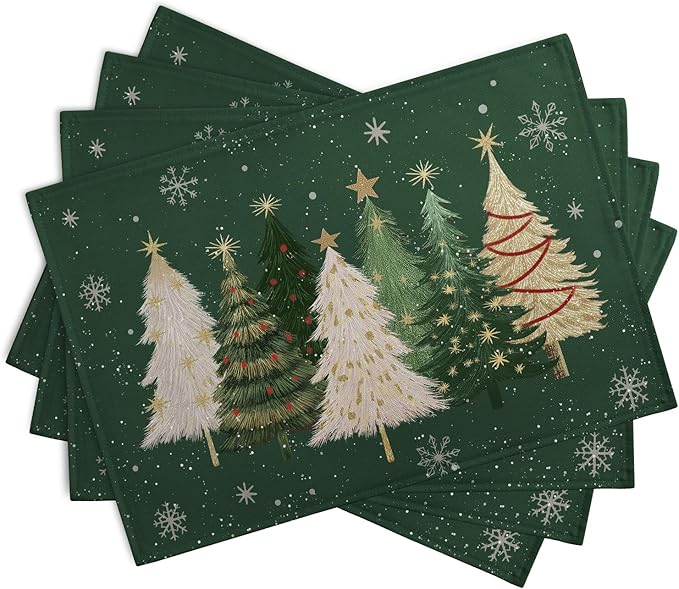 Green Christmas Tree Placemats Set of 4, 12x18 Inch Xmas Trees Snowflakes Winter Holiday Place Mats Seasonal Washable Linen Table Mats for Indoor Outdoor Kitchen Dining Party Décor-Ruum Studio Home