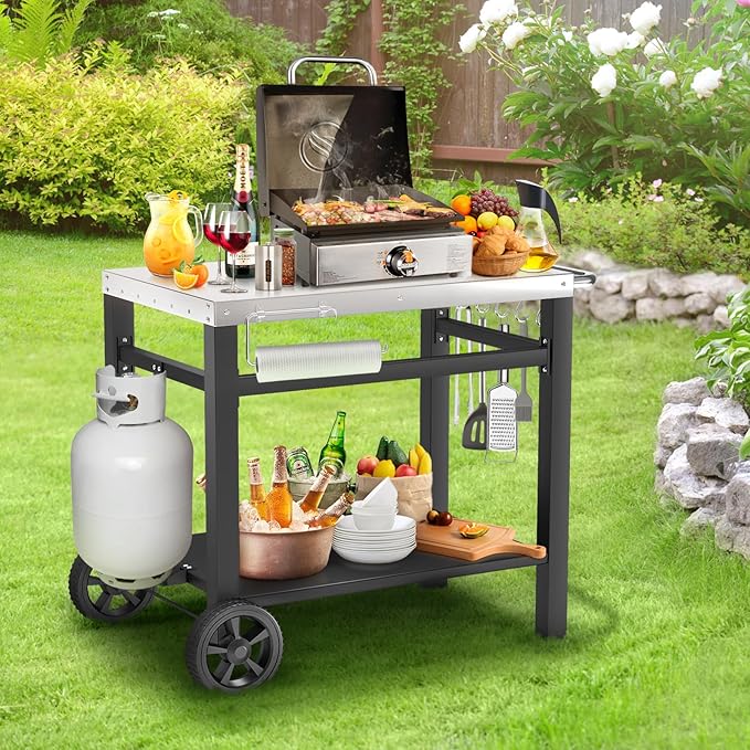 Outdoor Grill Table, Movable Dining Cart, Pizza Oven Table Stand, Double-Shelf Grill Stand, Food Prep and Work Cart with Wheels, Hooks, Fits for Blackstone Ninja-Ruum Studio Home