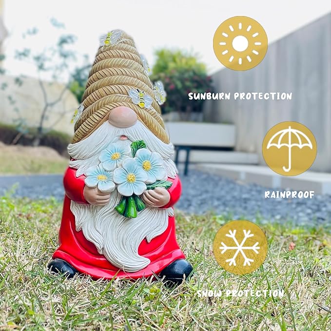 Outdoor Garden Gnomes Statue, Bee Flower Gnome Sculpture, with Solar LED Lights for Yard, Patio, Lawn Ornaments for Garden, Patio Gnome Gifts for Mom-Ruum Studio Home